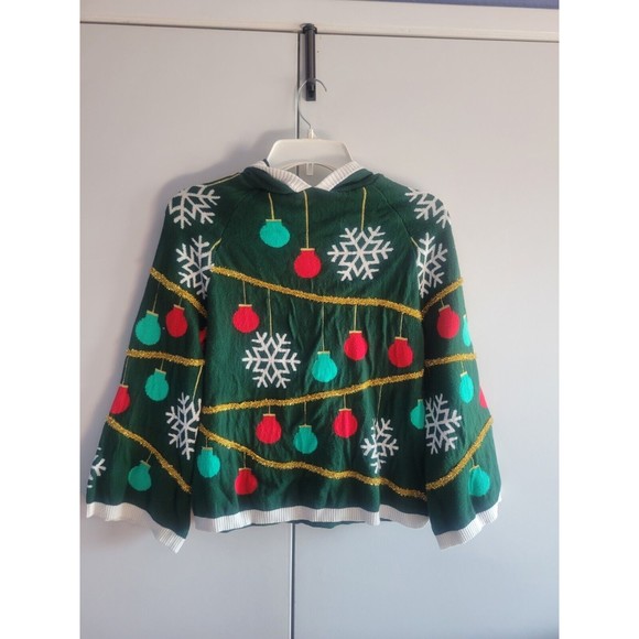 Christmas Hoodie Knit Sweater Ornament Snowflake Green Pullover Girl M 7/8 - Picture 2 of 4